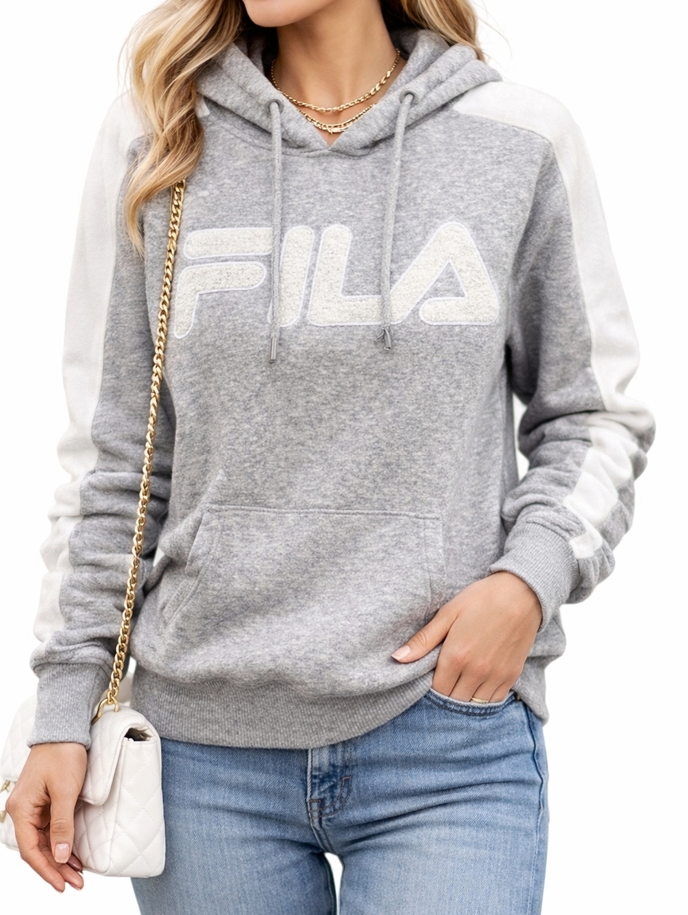 FILA Gray Logo Hoodie Sweatshirt Size Medium Mixed Media Embroidered Pullover